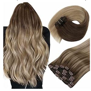 NWT clip in hair extensions real human hair brown to blonde 16” ombré